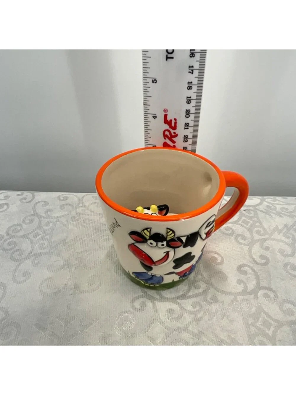 Hand painted Ceramic Cow Mug Holland Peek a Boo Mug Windmill Design Orange Rim &